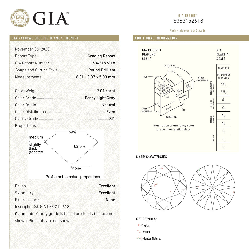 2.01ct 8.07x8.01x5.03mm GIA SI1 Fancy Grey Round Brilliant 18868-01 - Misfit Diamonds